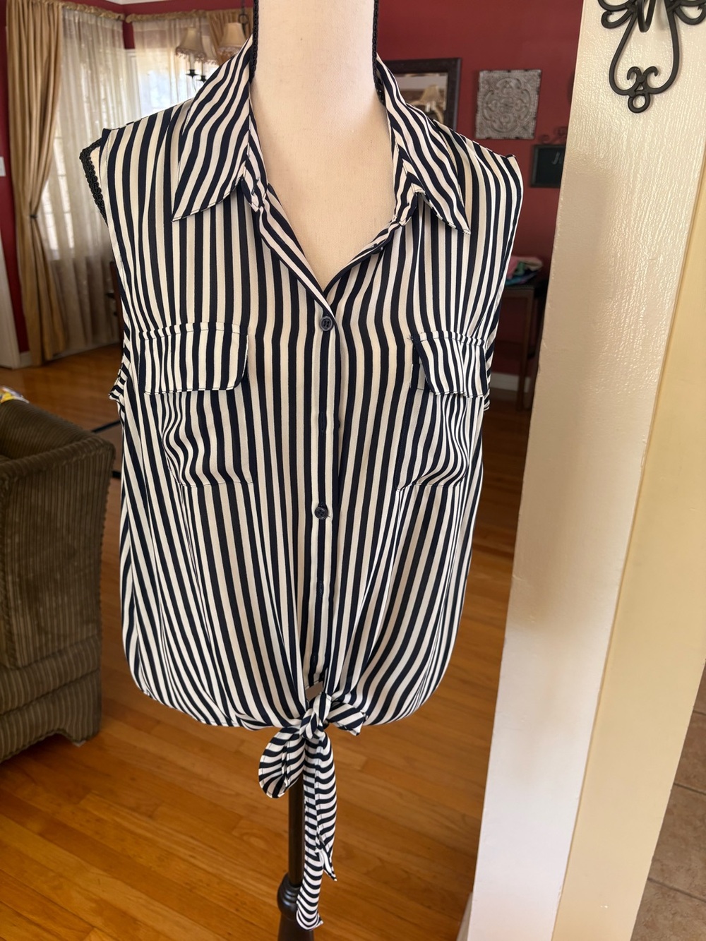 INC International Concepts Navy and White Striped Tie-Front Sleeveless Blouse